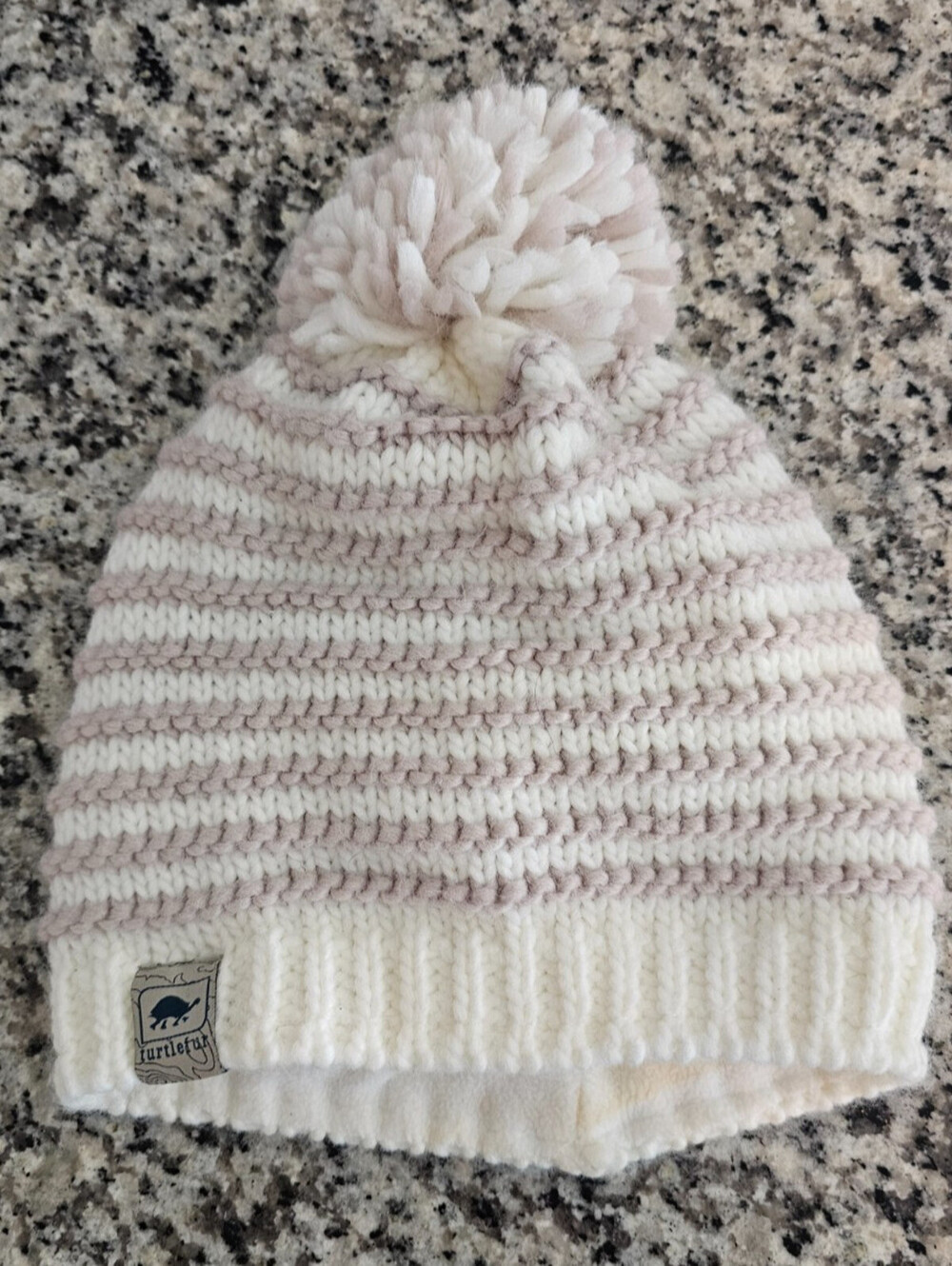 Turtlefur Womens Winter Knit Beanie Hat Pom Pom Pink Cream Striped